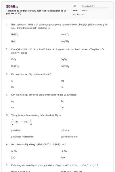 Tổng hợp đề thi thử THPTQG môn Hóa Học hay nhất có lời giải (Đề số 23)