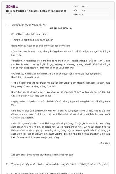 Bộ 10 đề thi giữa kì 1 Ngữ văn 7 Kết nối tri thức có đáp án - Đề 1