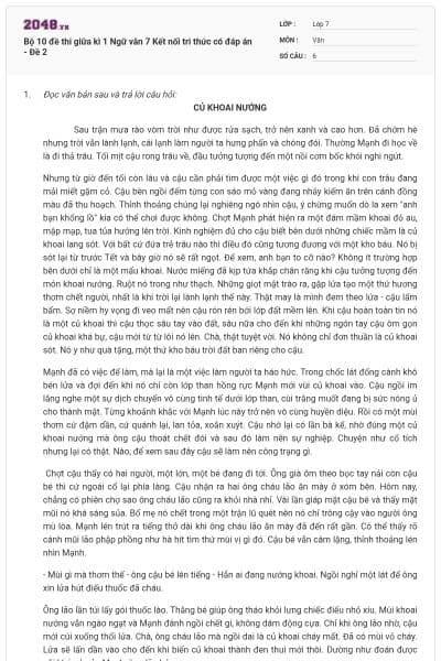 Bộ 10 đề thi giữa kì 1 Ngữ văn 7 Kết nối tri thức có đáp án - Đề 2