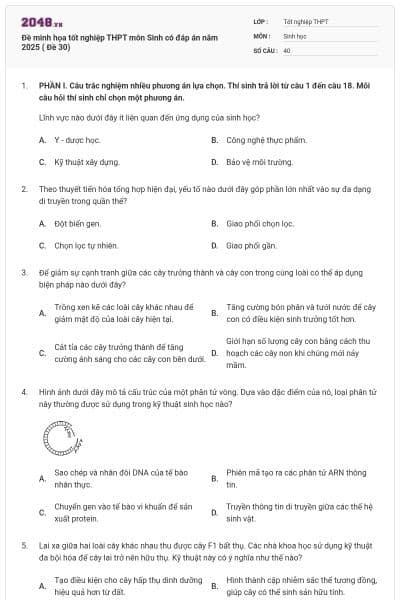 Đề minh họa tốt nghiệp THPT môn Sinh có đáp án năm 2025 ( Đề 30)
