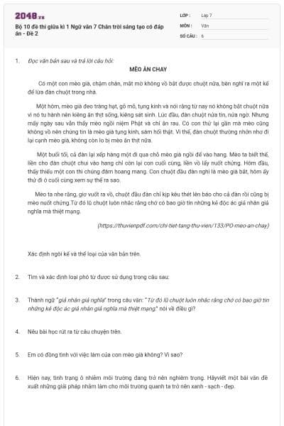 Bộ 10 đề thi giữa kì 1 Ngữ văn 7 Chân trời sáng tạo có đáp án - Đề 2
