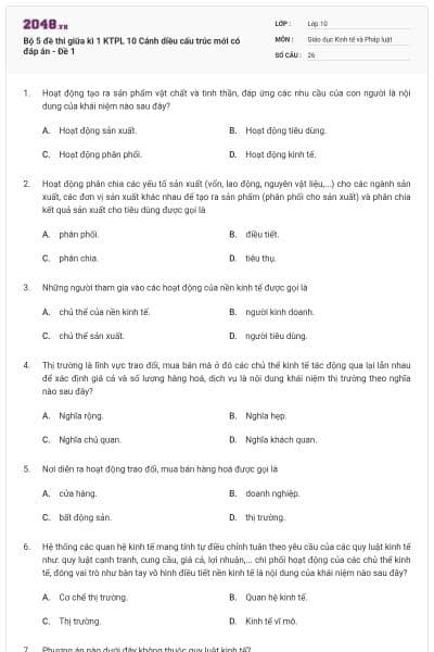 Bộ 5 đề thi giữa kì 1 KTPL 10 Cánh diều cấu trúc mới có đáp án - Đề 1