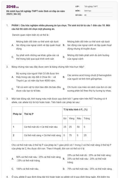 Đề minh họa tốt nghiệp THPT môn Sinh có đáp án năm 2025 ( Đề 32)
