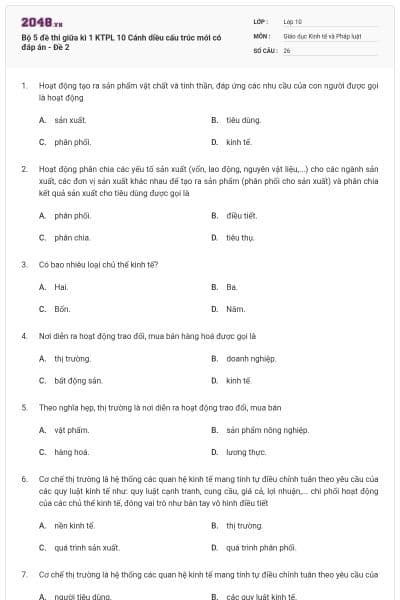 Bộ 5 đề thi giữa kì 1 KTPL 10 Cánh diều cấu trúc mới có đáp án - Đề 2