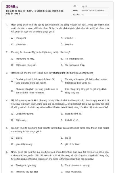 Bộ 5 đề thi cuối kì 1 KTPL 10 Cánh diều cấu trúc mới có đáp án - Đề 1