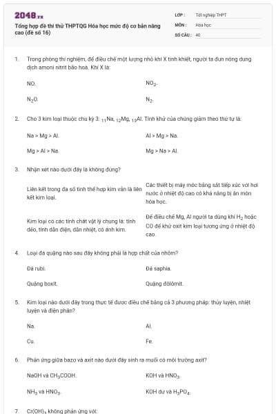 Tổng hợp đề thi thử THPTQG Hóa học mức độ cơ bản nâng cao (đề số 16)