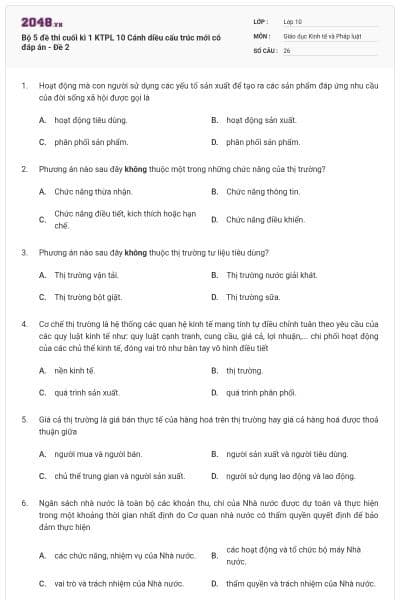 Bộ 5 đề thi cuối kì 1 KTPL 10 Cánh diều cấu trúc mới có đáp án - Đề 2