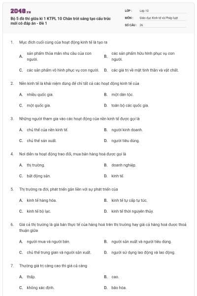 Bộ 5 đề thi giữa kì 1 KTPL 10 Chân trời sáng tạo cấu trúc mới có đáp án - Đề 1