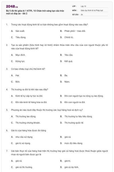 Bộ 5 đề thi giữa kì 1 KTPL 10 Chân trời sáng tạo cấu trúc mới có đáp án - Đề 2