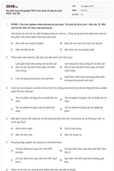 Đề minh họa tốt nghiệp THPT môn Sinh có đáp án năm 2025 ( Đề 38)