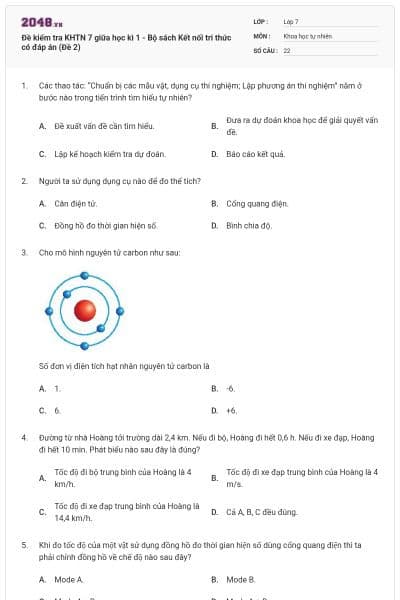 Đề kiểm tra KHTN 7 giữa học kì 1 - Bộ sách Kết nối tri thức có đáp án (Đề 2)