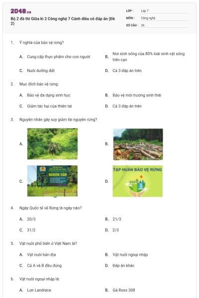 Bộ 2 đề thi Giữa kì 2 Công nghệ 7 Cánh diều có đáp án (Đề 2)