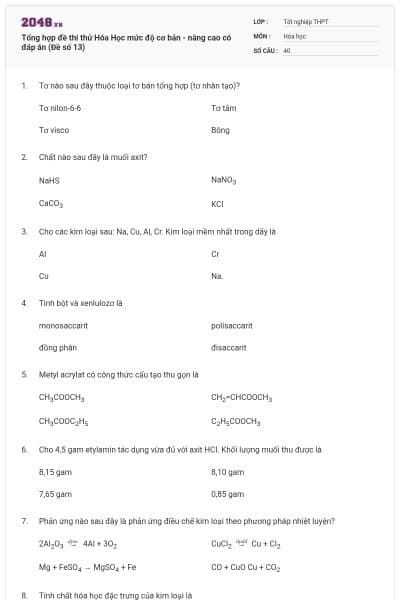 Tổng hợp đề thi thử Hóa Học mức độ cơ bản - nâng cao có đáp án (Đề số 13)