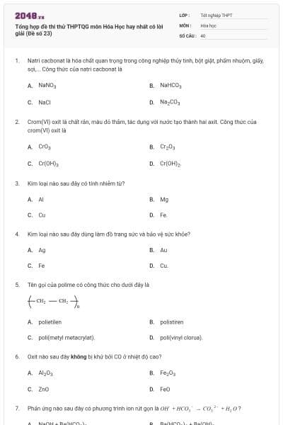 Tổng hợp đề thi thử THPTQG môn Hóa Học hay nhất có lời giải (Đề số 23)