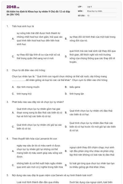 Đề kiểm tra định kì Khoa học tự nhiên 9 Chủ đề 12 có đáp án (Đề 104)