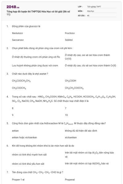 Tổng hợp đề luyện thi THPTQG Hóa Học có lời giải (Đề số 11)