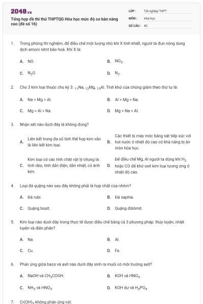 Tổng hợp đề thi thử THPTQG Hóa học mức độ cơ bản nâng cao (đề số 16)