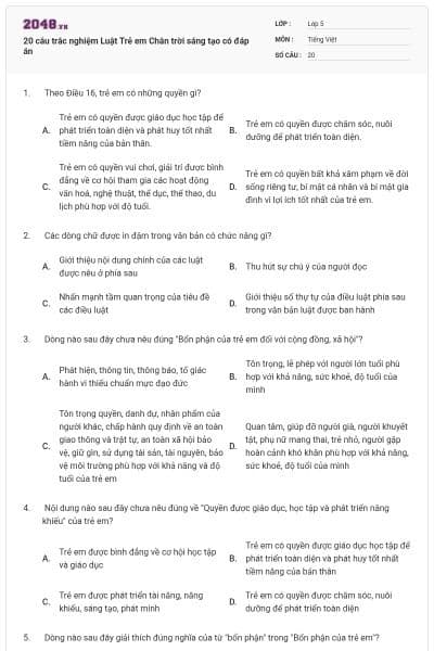 20 câu trắc nghiệm Luật Trẻ em Chân trời sáng tạo có đáp án