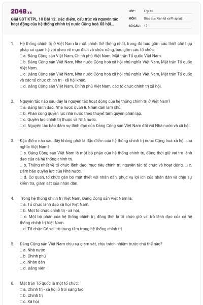 Giải SBT KTPL 10 Bài 12. Đặc điểm, cấu trúc và nguyên tắc hoạt động của hệ thống chính trị nước Cộng hoà Xã hội Chủ nghĩa Việt Nam có đáp án