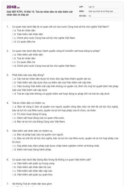 Giải SBT KTPL 10 Bài 15. Toà án nhân dân và viện kiểm sát nhân dân có đáp án