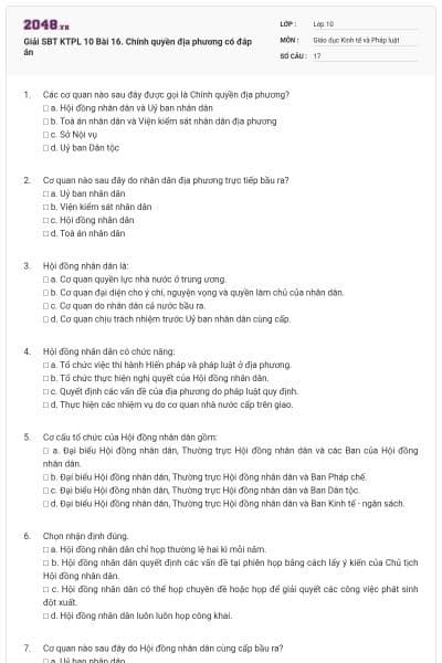 Giải SBT KTPL 10 Bài 16. Chính quyền địa phương có đáp án