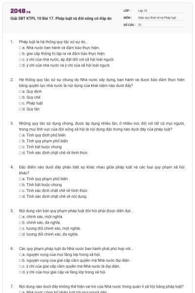 Giải SBT KTPL 10 Bài 17. Pháp luật và đời sống có đáp án