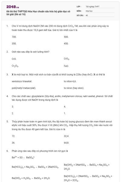 Đề thi thử THPTQG Hóa Học chuẩn cấu trúc bộ giáo dục có lời giải (Đề số 16)