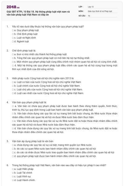 Giải SBT KTPL 10 Bài 18. Hệ thống pháp luật việt nam và văn bản pháp luật Việt Nam có đáp án