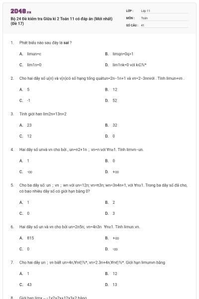 Bộ 24 Đề kiểm tra Giữa kì 2 Toán 11 có đáp án (Mới nhất) (Đề 17)