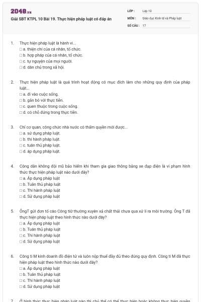 Giải SBT KTPL 10 Bài 19. Thực hiện pháp luật có đáp án
