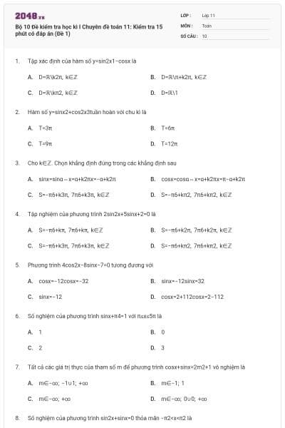 Bộ  10  Đề kiểm tra học kì I Chuyên đề toán 11: Kiểm tra 15 phút có đáp án (Đề 1)