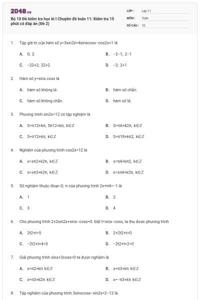 Bộ  10 Đề kiểm tra học kì I Chuyên đề toán 11: Kiểm tra 15 phút có đáp án (Đề 2)