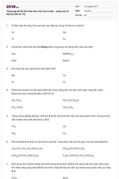 Tổng hợp đề thi thử Hóa Học mức độ cơ bản - nâng cao có đáp án (Đề số 14)