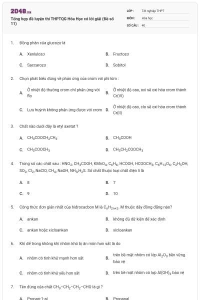 Tổng hợp đề luyện thi THPTQG Hóa Học có lời giải (Đề số 11)