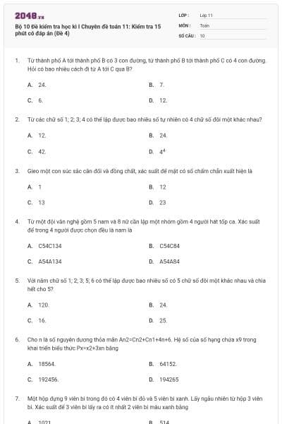 Bộ  10 Đề kiểm tra học kì I Chuyên đề toán 11: Kiểm tra 15 phút có đáp án (Đề 4)