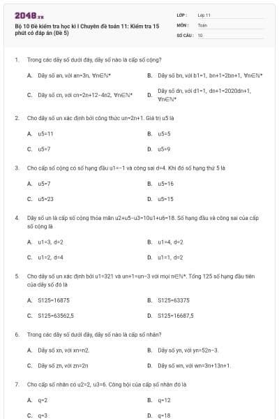 Bộ  10 Đề kiểm tra học kì I Chuyên đề toán 11: Kiểm tra 15 phút có đáp án (Đề 5)
