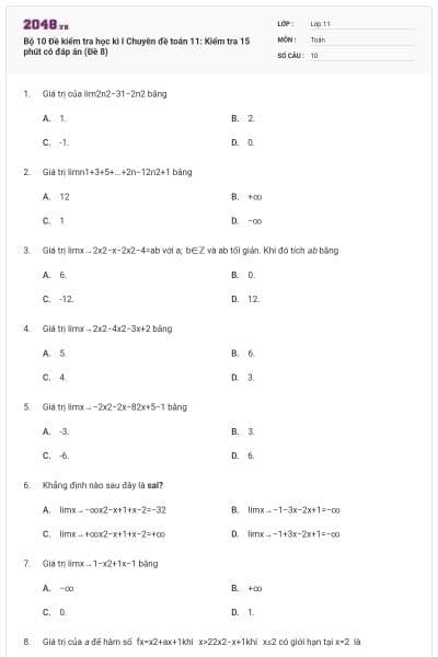 Bộ  10 Đề kiểm tra học kì I Chuyên đề toán 11: Kiểm tra 15 phút có đáp án (Đề 8)