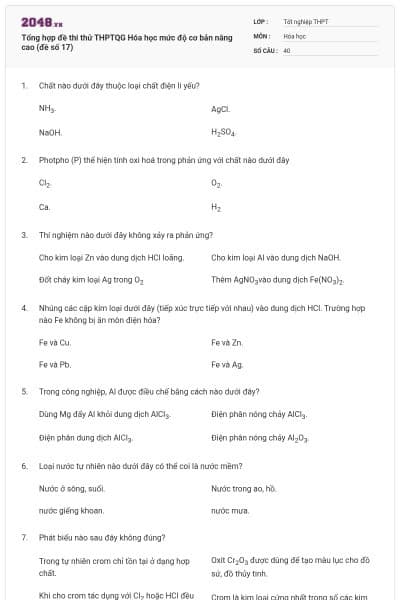 Tổng hợp đề thi thử THPTQG Hóa học mức độ cơ bản nâng cao (đề số 17)