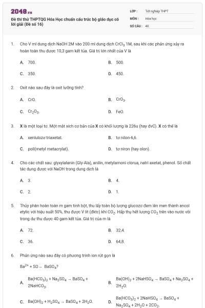 Đề thi thử THPTQG Hóa Học chuẩn cấu trúc bộ giáo dục có lời giải (Đề số 16)