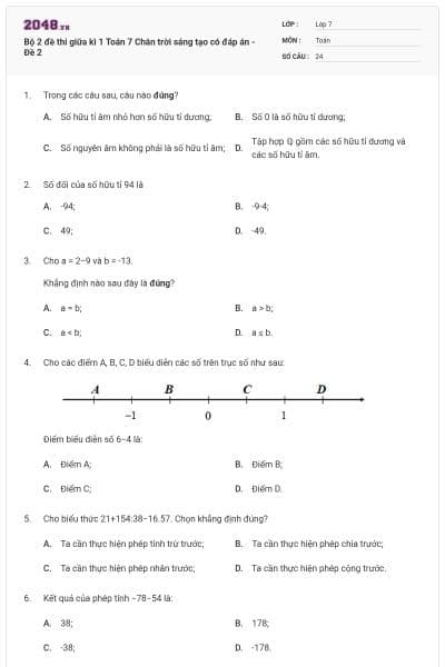 Bộ 2 đề thi giữa kì 1 Toán 7 Chân trời sáng tạo có đáp án - Đề 2