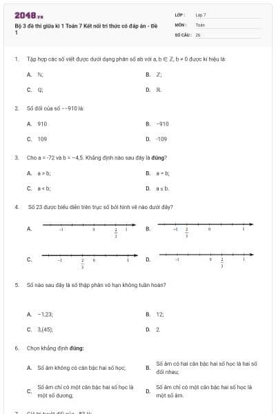 Bộ 3 đề thi giữa kì 1 Toán 7 Kết nối tri thức có đáp án - Đề 1