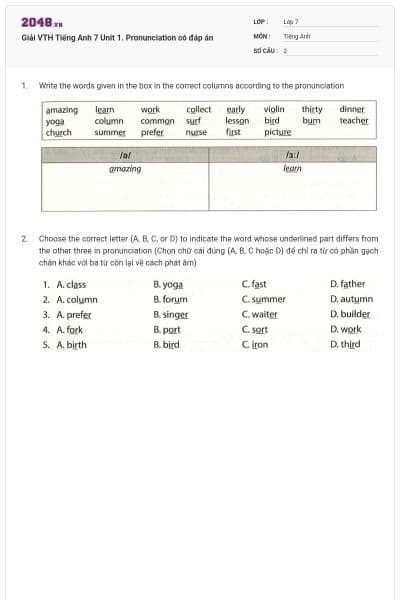 Giải VTH Tiếng Anh 7 Unit 1. Pronunciation có đáp án