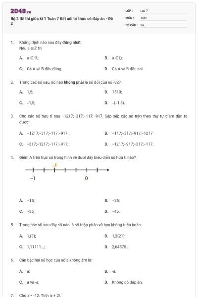 Bộ 3 đề thi giữa kì 1 Toán 7 Kết nối tri thức có đáp án - Đề 2