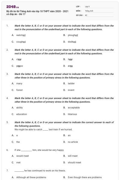 Bộ đề ôn thi Tiếng Anh vào lớp 10 THPT năm 2020 - 2021 có đáp án - Đề 17