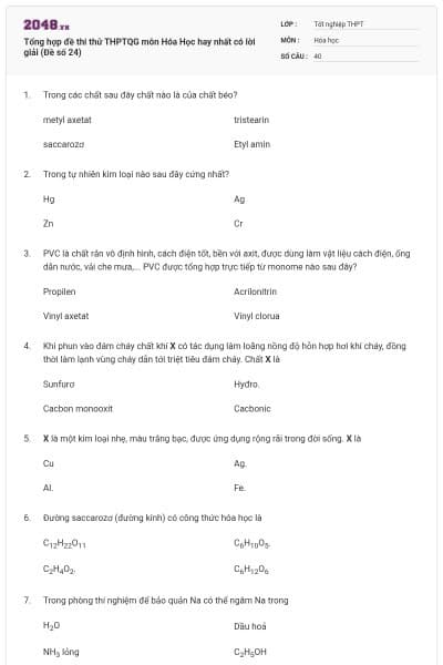 Tổng hợp đề thi thử THPTQG môn Hóa Học hay nhất có lời giải (Đề số 24)