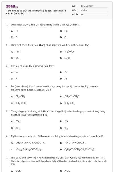 Tổng hợp đề thi thử Hóa Học mức độ cơ bản - nâng cao có đáp án (Đề số 14)