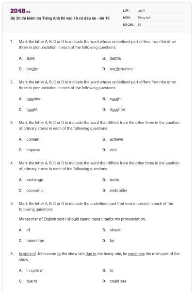 Bộ 20 đề kiểm tra Tiếng Anh thi vào 10 có đáp án - Đề 18
