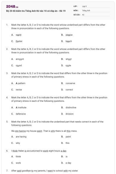Bộ 20 đề kiểm tra Tiếng Anh thi vào 10 có đáp án - Đề 19