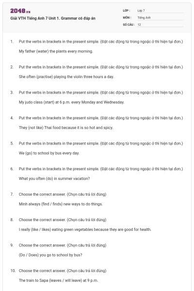 Giải VTH Tiếng Anh 7 Unit 1. Grammar có đáp án