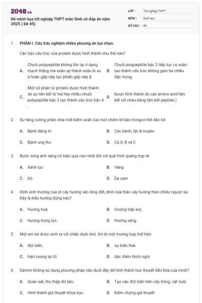 Đề minh họa tốt nghiệp THPT môn Sinh có đáp án năm 2025 ( Đề 45)